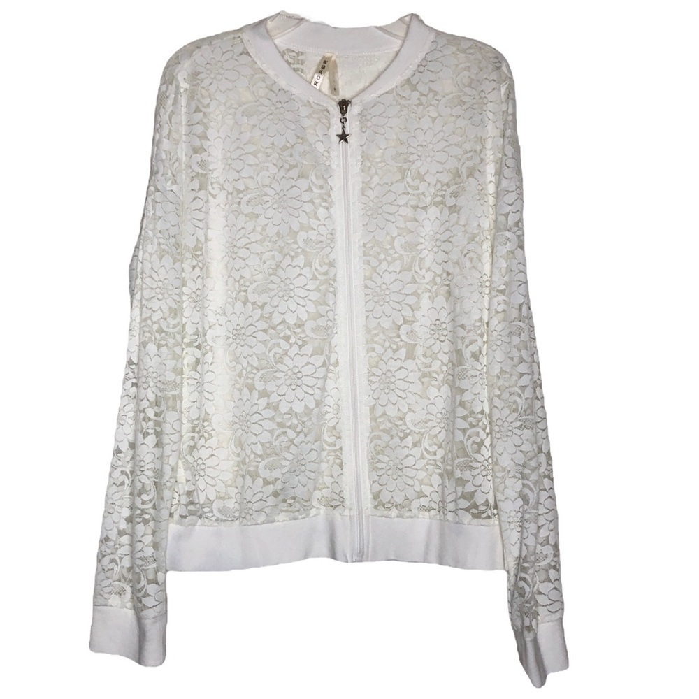 Roper - Off-White Lace Full Zip Cottagecore Coastal Bomber Jacket - Size Small